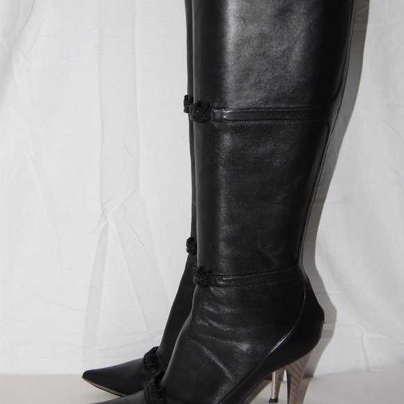 US 7❤️ CASADEI Black Real Leather Knee High Heel Tall Pointed Boots ITALY OTK - Picture 1 of 16